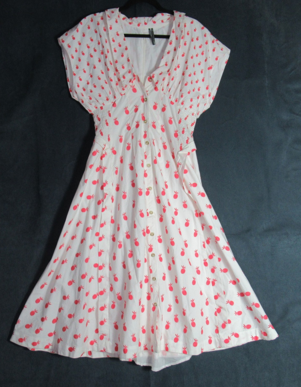 Anthropologie Short Sleeve V-Neck Pleated Midi Dress Womens LP White Pineapple